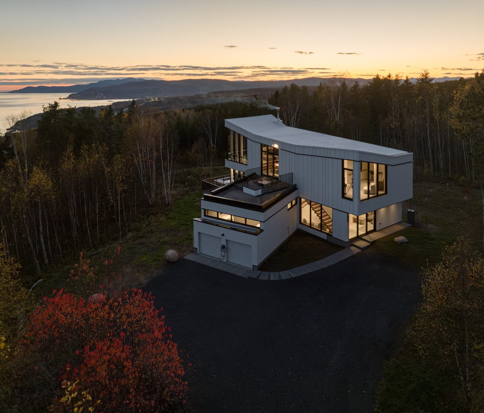 L'Embâcle luxury chalet aerial view over St. Lawrence River, La Malbaie Charlevoix Quebec