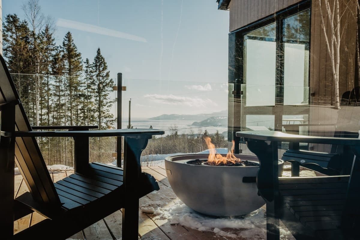 Outdoor firepit on the terrace facing the St. Lawrence River, Les Thermes, Cap-à-l'Aigle