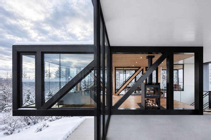Architectural detail in white wood and glass, La Blanche, Charlevoix
