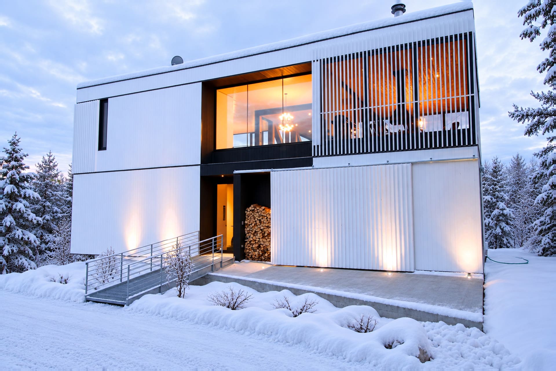 Villa La Blanche at dusk, lit glass facade, Charlevoix