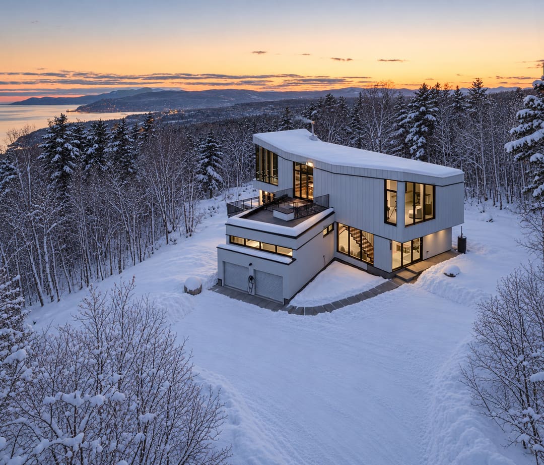 L'Embâcle luxury chalet aerial view over St. Lawrence River, La Malbaie Charlevoix Quebec