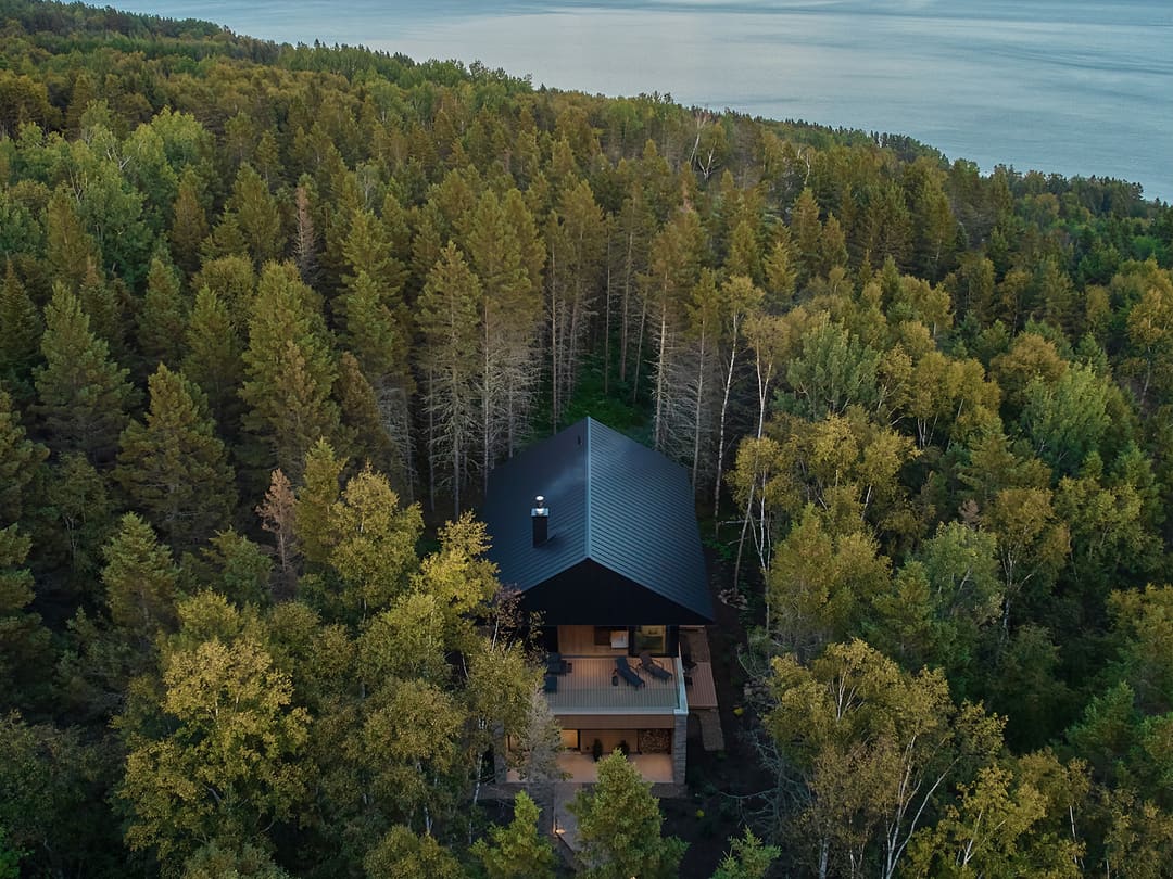 Aerial view of Villa Luce and the river, La Malbaie, Charlevoix